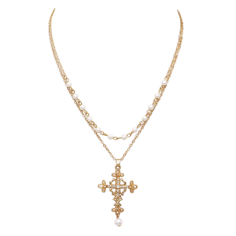 Women's Stunning Gold Tone Christian Cross With Simulated Pearls Double Strand Chain Necklace Easter Gift,16"+3" Extension