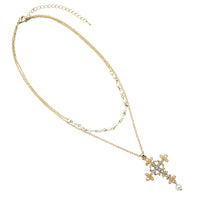 Women's Stunning Gold Tone Christian Cross With Simulated Pearls Double Strand Chain Necklace Easter Gift,16"+3" Extension