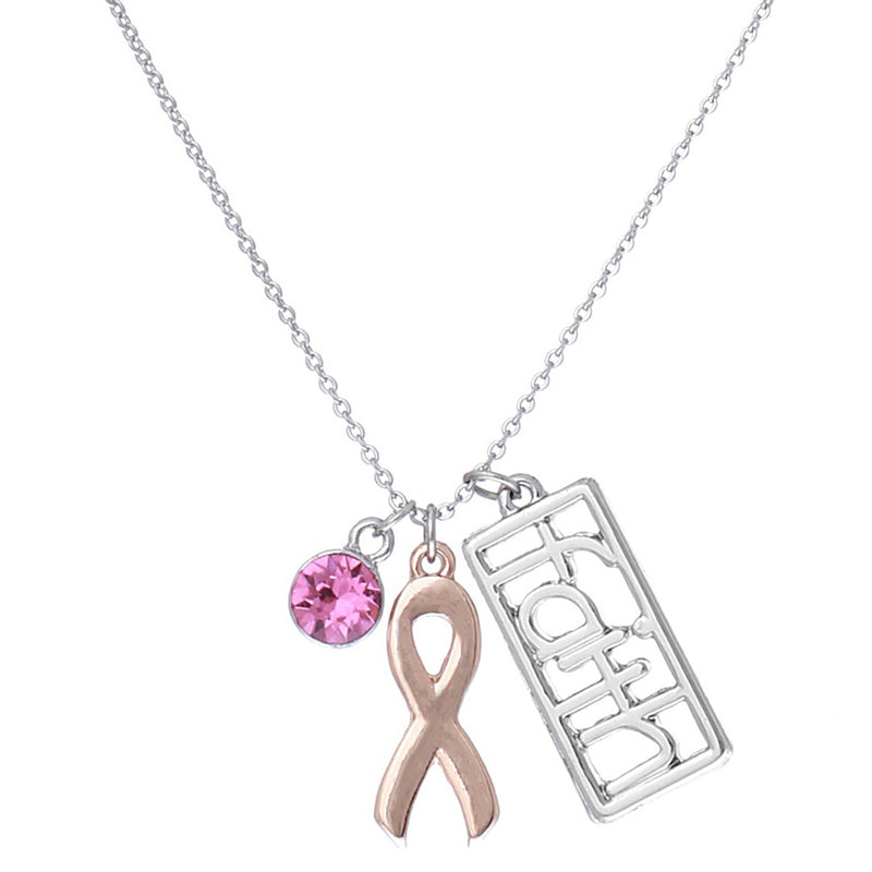 Inspirational Breast Cancer Awareness Pink Ribbon Faith And Crystal Rhinestone Charm Necklace, 18"+2" Extender