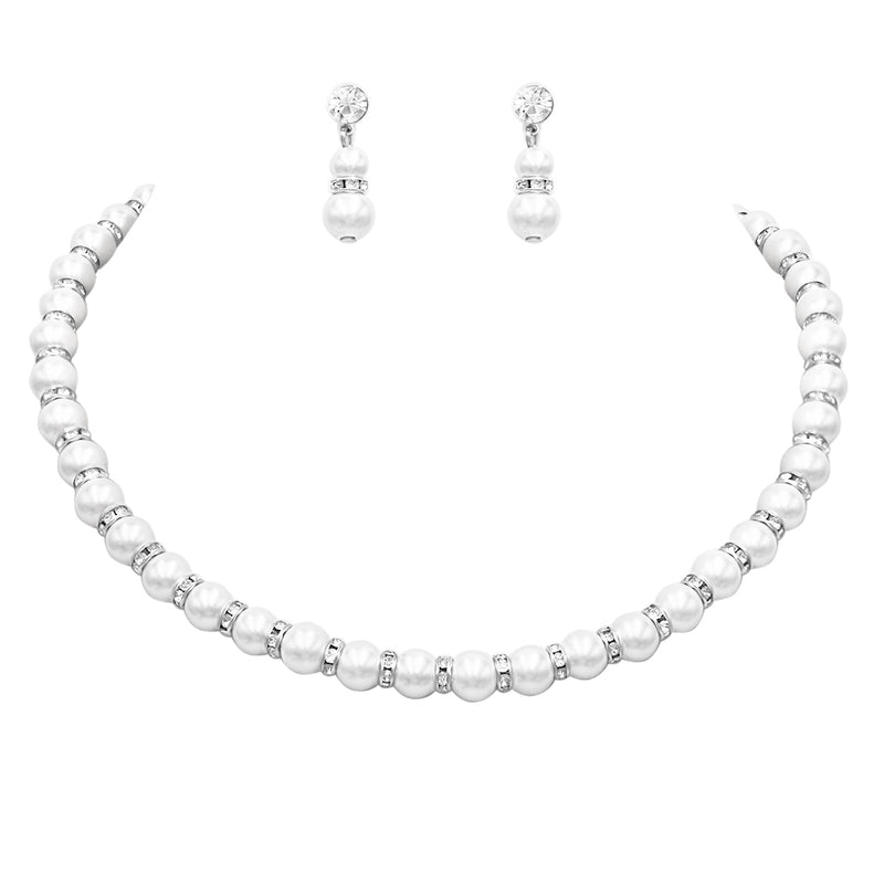 Classic Simulated Pearl And Crystal Rhinestone Bridal Necklace With Hypo Allergenic Earrings Set 16"+3" Extender (Silver Tone, 8mm)