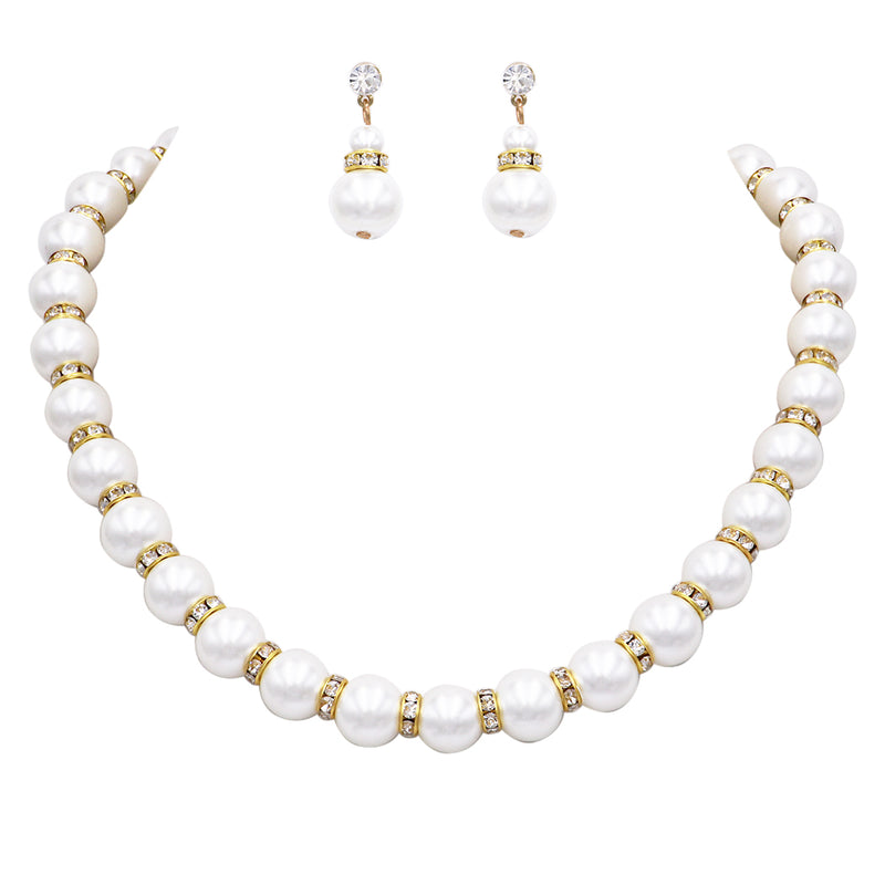 Classic Simulated Pearl And Crystal Rhinestone Bridal Necklace With Hypo Allergenic Earrings Set 18"+ 3" Extender (Gold Tone, 12mm)