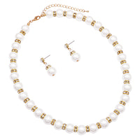 Classic Simulated Pearl And Crystal Rhinestone Bridal Necklace With Hypo Allergenic Earrings Set 18"+ 3" Extender (Gold Tone, 12mm)