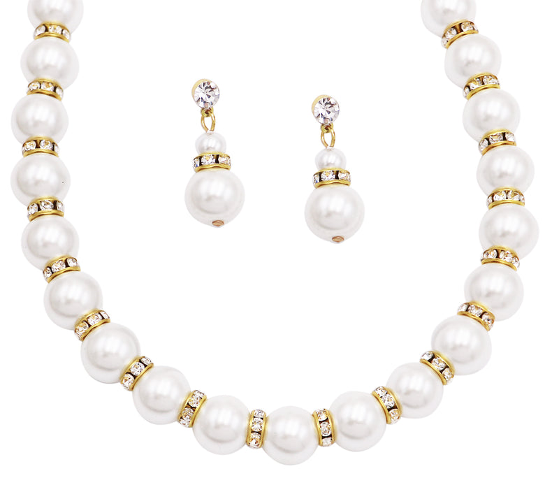 Classic Simulated Pearl And Crystal Rhinestone Bridal Necklace With Hypo Allergenic Earrings Set 18"+ 3" Extender (Gold Tone, 12mm)