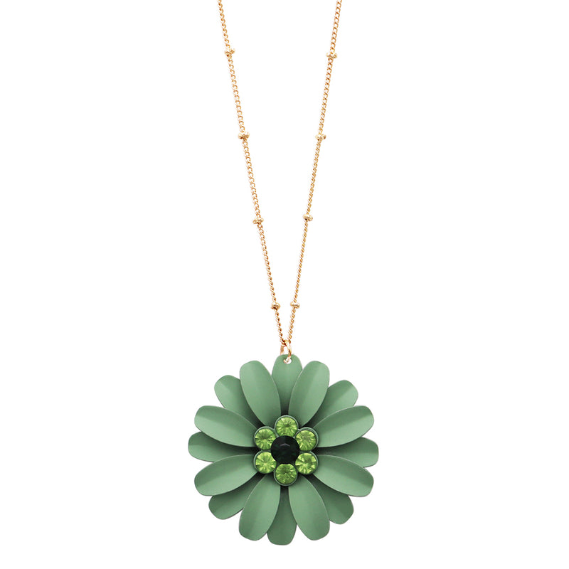 Summertime Fun Daisy Flower Pendant Necklace and Earrings Set (Green Necklace Only)