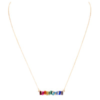 Women's Baguette Cut Rainbow Crystal Rhinestone Asymmetrical Bar Pendant Necklace, 16"+2" Extender