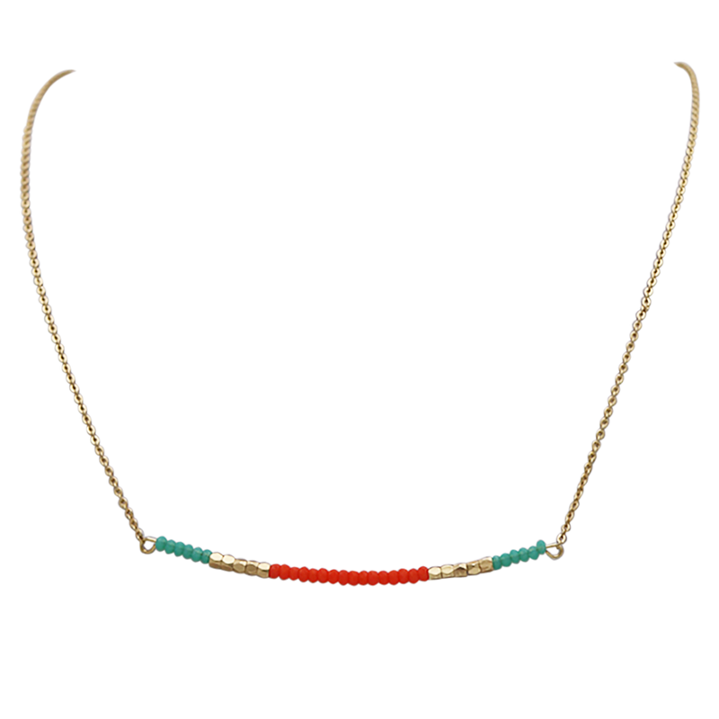 Island Vibes Bright And Colorful Dainty Glass Bead Necklace, 14"-17" with 3" Extender