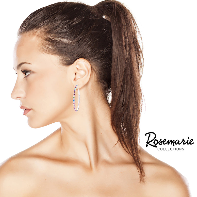 Hypoallergenic Clear Crystal Rhinestone Rainbow Memory Wire Hoop Earrings (Clear Crystal Rose Gold Tone 50mm)