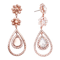 Women's Dramatic Teardrop Hoop Crystal Flower Long Shoulder Duster Hypoallergenic Earrings, 2.75"