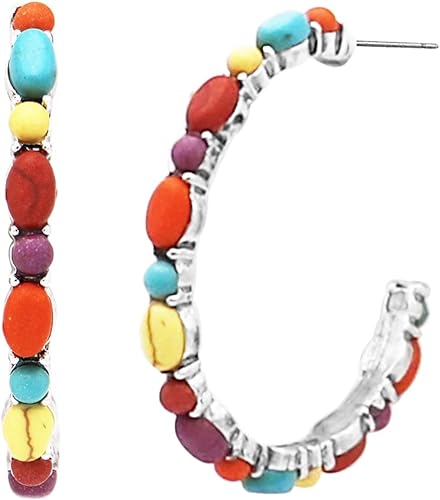 Western Style Semi Precious Howlite Stone Hoop Hypoallergenic Post Earrings (30mm, Multicolor Rainbow)