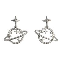 Women's Stunning Silver Tone Stars And Planet Saturn Statement Making Crystal Rhinestone Celestial Space Hypoallergenic Post Earrings, 1.12