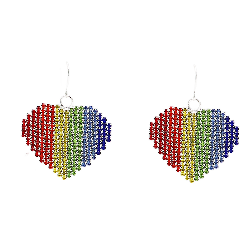 Stunning Rainbow Crystal Rhinestone Hearts Friendship Gifting Pride Love Silver Tone Dangle Earrings, 1.61"