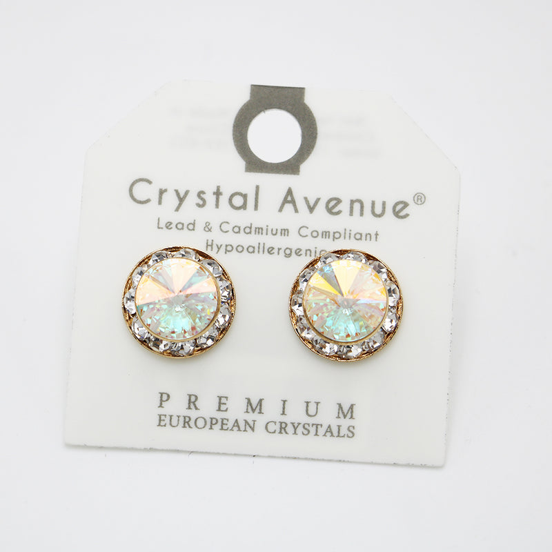 Hypoallergenic Post Back Halo Earrings Made with Swarovski Crystals, 15mm (AB Crystal Gold Tone)