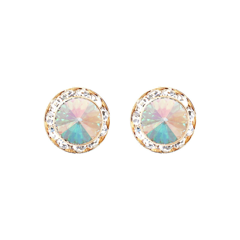 Hypoallergenic Post Back Halo Earrings Made with Swarovski Crystals, 15mm (AB Crystal Gold Tone)