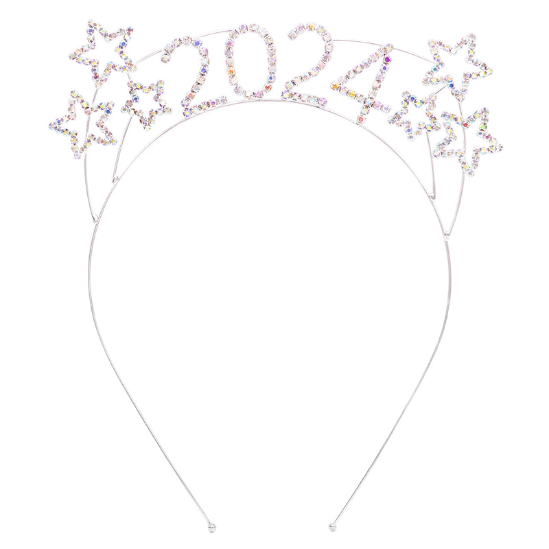 Sparkly Rhinestone Happy New Year's Tiara Headband (2024 Stars AB Crystal)