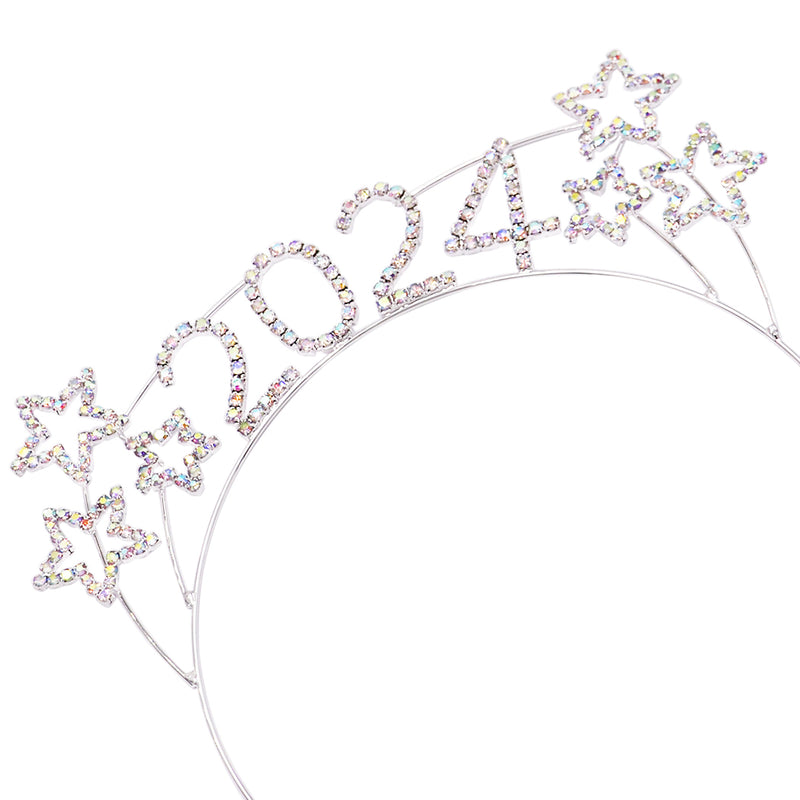 Sparkly Rhinestone Happy New Year's Tiara Headband (2024 Stars AB Crystal)