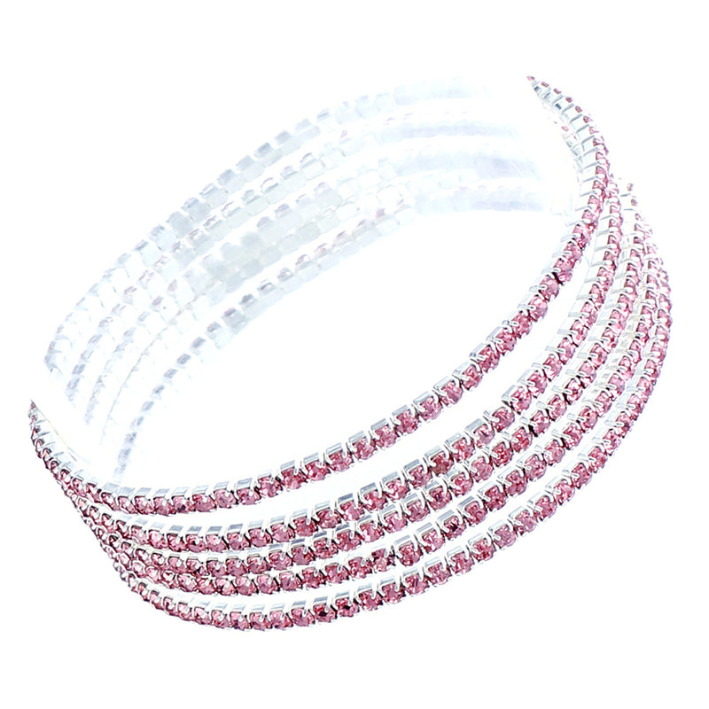 Set of 5 Rhinestone Stretch Bracelets (Rose Pink Silver Tone)