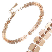 Women's Unique Polished Rose Gold Light Weight Flat Links Strand Chain Bracelet, 7"+1.5" Extender