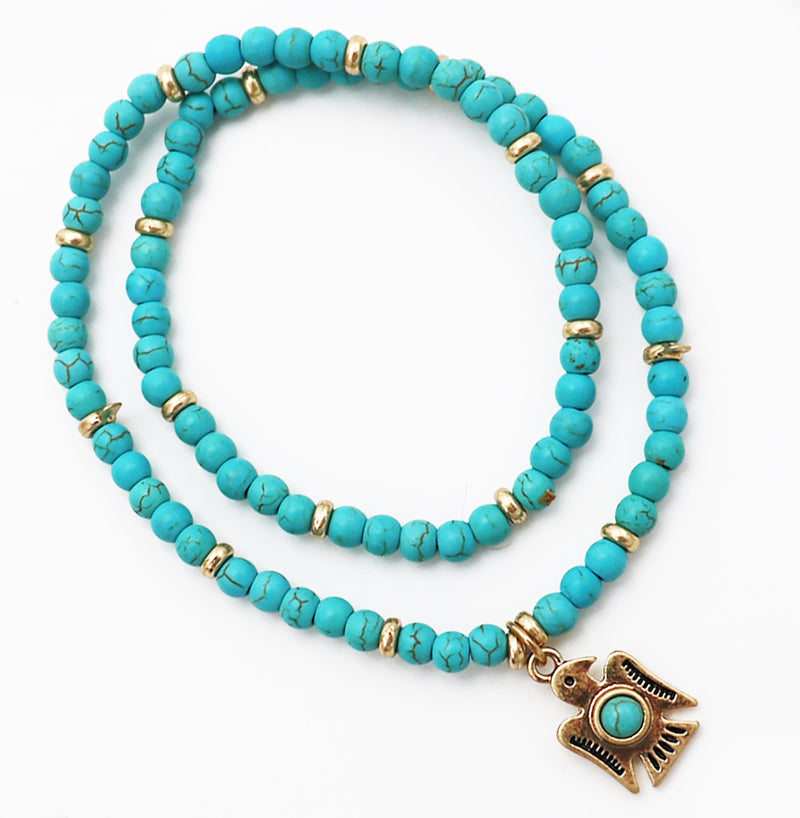 Western Style Aztec Thunderbird 4mm Turquoise Howlite Bead Stretch Bracelet (Gold Tone)