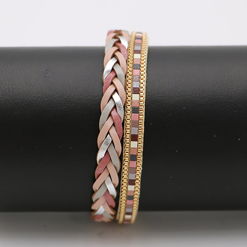 Braided Vegan Leather Magnetic Clasp Bracelet, 7.5" (Pink Gold Tone)