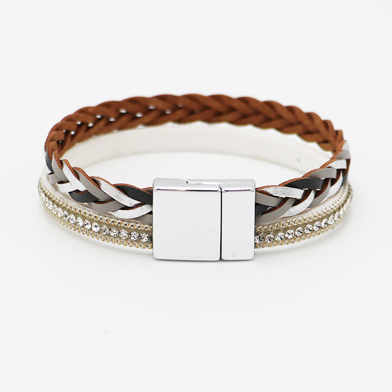 Braided Vegan Leather Magnetic Clasp Bracelet, 7.5" (Grey Silver Tone)