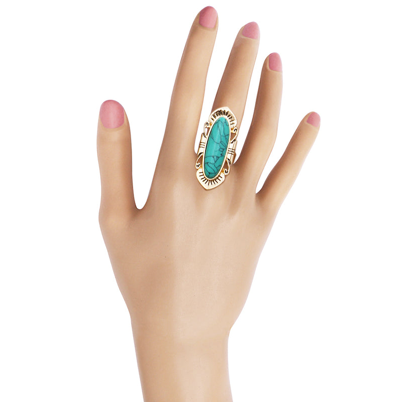 Western Style Statement Oval Turquoise Howlite Stone Burnished Gold Tone Concho Adjustable Ring, 1.75"