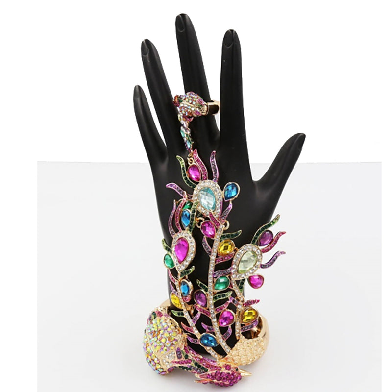 Vibrant And Colorful Statement Making Crystal Rhinestone 3D Peacock On Gold Tone Stretch Bangle Bracelet With Attached Ring Hand Chain Combination