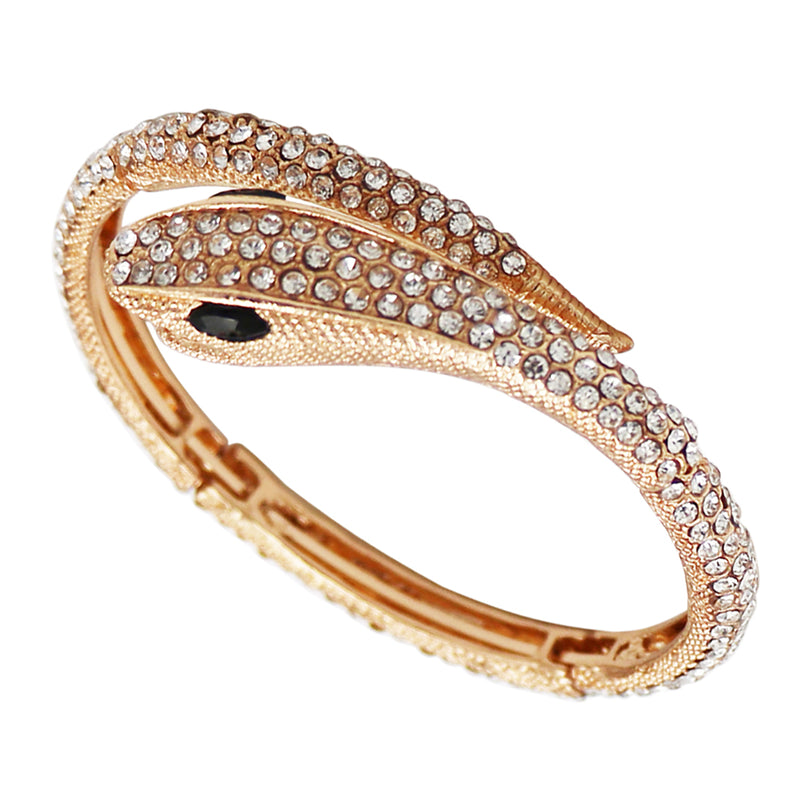 Stunning Three Dimensional Gold Tone Statement Crystal Rhinestone Encrusted Serpent Snake Statement Jewelry Pieces (Coil Cuff Bracelet, 6.75")