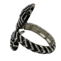 Stunning Black Enamel And Crystal Rhinestones Serpent Snake Statement Jewelry Pieces (Silver Tone Stretch Bracelet, 7")