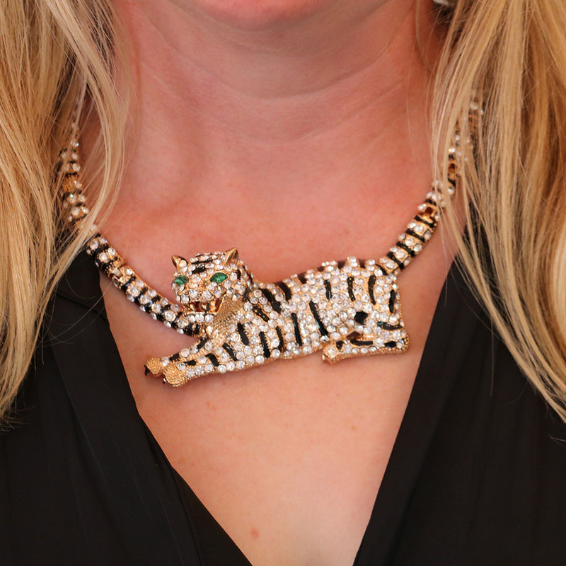 Get Wild Stunning Gold Tone Three Dimensional Crystal Rhinestone Encrusted Tiger Statement Collar Necklace And Earring Set, 14"