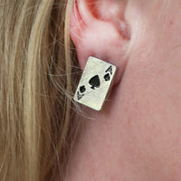 Fun Burnished Silver Tone Textured Ace Of Spade Playing Card Statement Western Style Stud Earrings, 0.70"