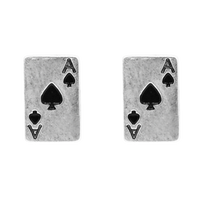 Fun Burnished Silver Tone Textured Ace Of Spade Playing Card Statement Western Style Stud Earrings, 0.70"