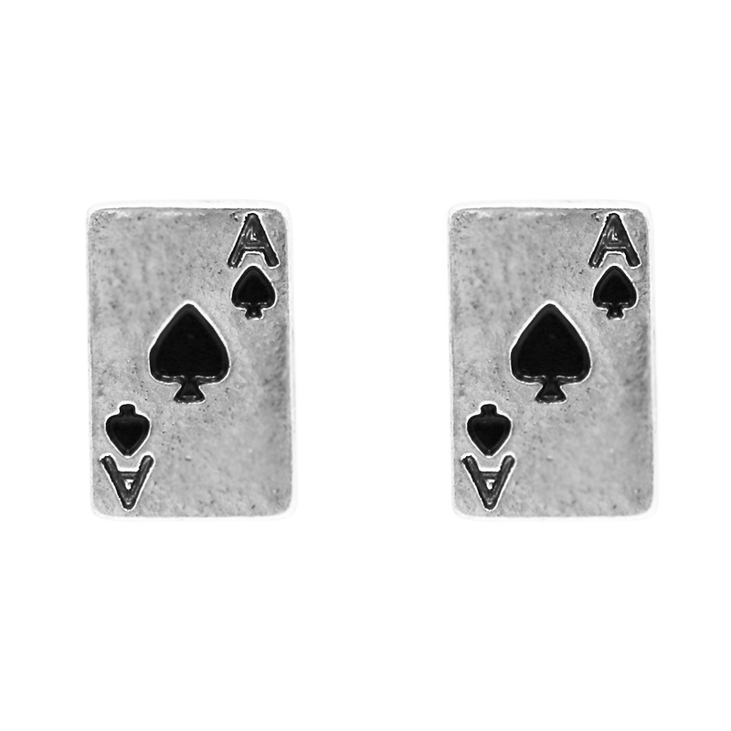 Fun Burnished Silver Tone Textured Ace Of Spade Playing Card Statement Western Style Stud Earrings, 0.70"