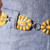 Cowgirl Chic Statement Western Linked Conchos With Natural Howlite Stones On Waist Chain Belt (Yellow Howlite Burnished Silver Tone, Small-Medium, 31.5"+10.5" Extender)