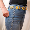 Cowgirl Chic Statement Western Linked Conchos With Natural Howlite Stones On Waist Chain Belt (Yellow Howlite Burnished Silver Tone, Large-XLarge, 34.5" +10.5" Extender)