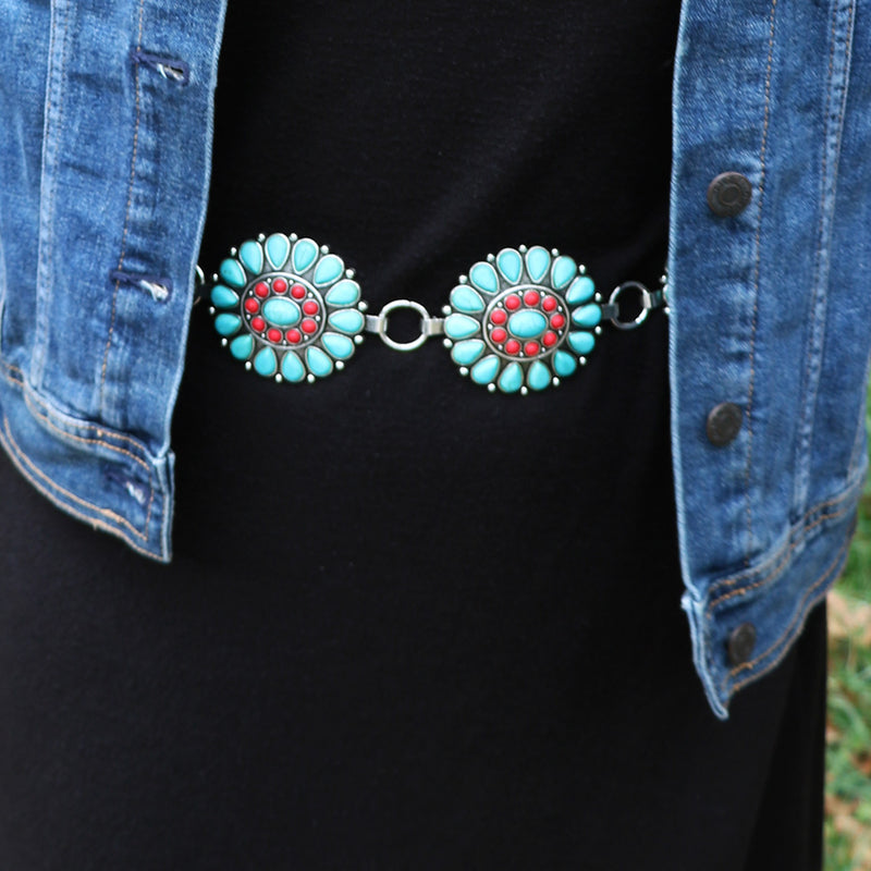 Cowgirl Chic Statement Western Linked Conchos With Natural Howlite Stones On Waist Chain Belt (Red And Blue Howlite Burnished Silver Tone, Small-Medium, 34"+7.5" Extender)