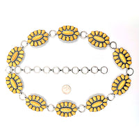 Cowgirl Chic Statement Western Linked Conchos With Natural Howlite Stones On Waist Chain Belt (Yellow Howlite Burnished Silver Tone, Large-XLarge, 34.5" +10.5" Extender)