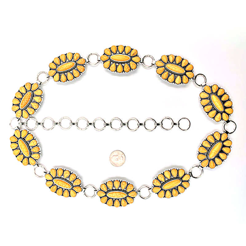 Cowgirl Chic Statement Western Linked Conchos With Natural Howlite Stones On Waist Chain Belt (Yellow Howlite Burnished Silver Tone, Small-Medium, 31.5"+10.5" Extender)