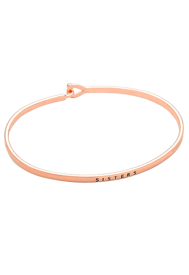 Inspirational Thin Hook Bangle Bracelet, 7.25" (Sisters Rose Gold Tone)