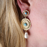 Cowgirl Chic Unique Western Textured Square Concho Turquoise Crystal Statement Earrings, 1.75" (Gold Tone Round With Faux Pearl, 2.5")