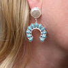 Cowgirl Chic Western Style Turquoise Howlite Stone Squash Blossoms Wtih Faux Pearl Post Back Tops Dangle Earrings, 2"