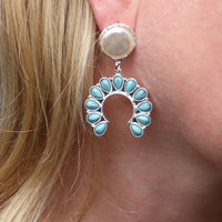 Cowgirl Chic Western Style Turquoise Howlite Stone Squash Blossoms Wtih Faux Pearl Post Back Tops Dangle Earrings, 2"