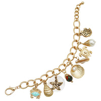 Stunning Natural Seashells Mixed With Turtle Starfish Dangling Faux Pearl Charms On Polished Gold Tone Textured Cable Link Chain (Charm Bracelet, 6.25"+1" Extender)