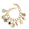 Stunning Natural Seashells Mixed With Turtle Starfish Dangling Faux Pearl Charms On Polished Gold Tone Textured Cable Link Chain (Charm Bracelet, 6.25"+1" Extender)