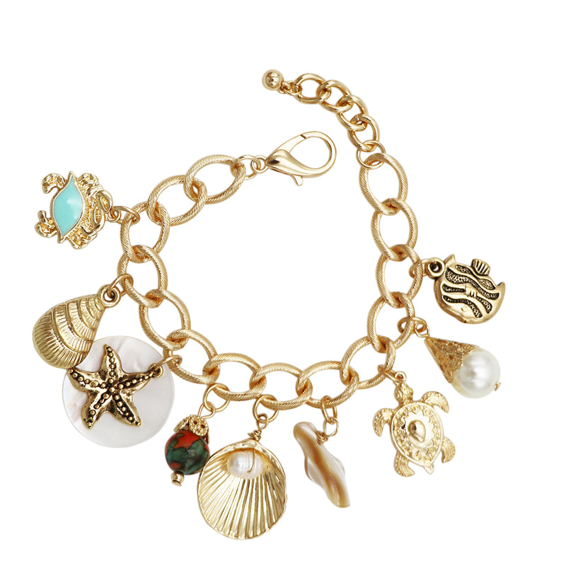 Stunning Natural Seashells Mixed With Turtle Starfish Dangling Faux Pearl Charms On Polished Gold Tone Textured Cable Link Chain (Charm Bracelet, 6.25"+1" Extender)