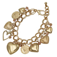 Stunning Heart And Coin Charms With Faceted Pink Crystals On Polished Gold Tone Cable Link Chain Jewelry (Charm Bracelet, 6.5"+1" Extender)