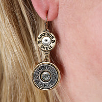 12 Gauge Shotgun Shell Spent Bullet With Dangle Earrings (Double Shell Crystal Center Gold Tone With Silver, 2")