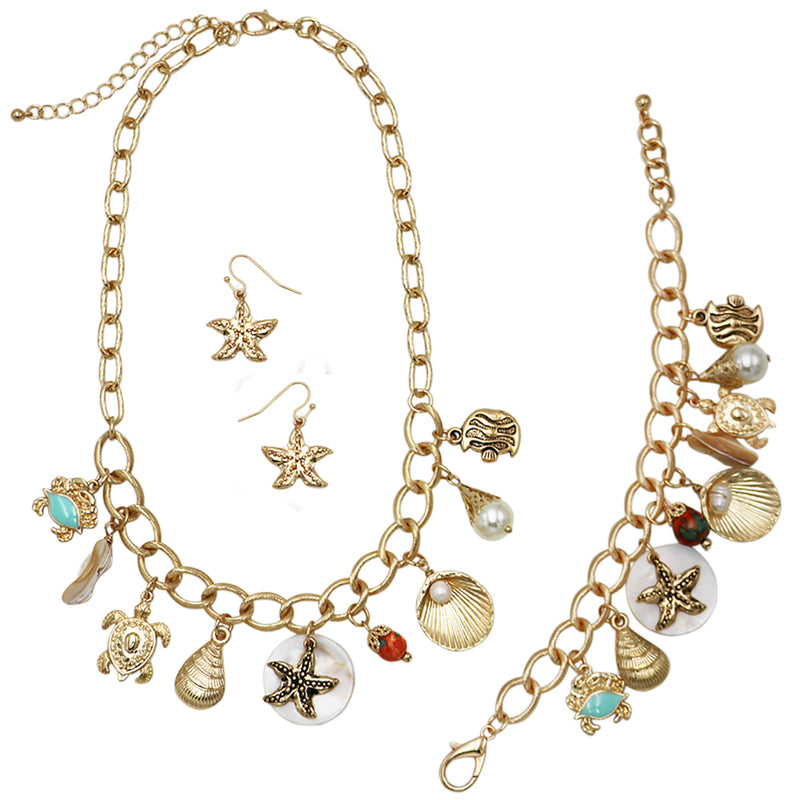 Stunning Natural Seashells Mixed With Turtle Starfish Dangling Faux Pearl Charms Polished Gold Tone Textured Cable Link Chain (Necklace And Earrings Set, 16"+3" Extender)