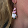 Pink Enamel With Sparkling Crystal Rhinestones Christmas Holiday Themed Gold Tone Dangle Earrings (Gnomes 2.25")