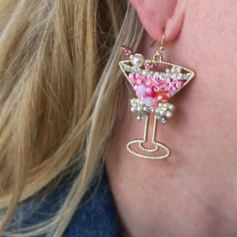 Cheers Chic Gold Tone Cocktail Drinks Crystal Rhinestone Celebration Party Dangle Earrings (Pink Champagne Bubbly, 2.12)