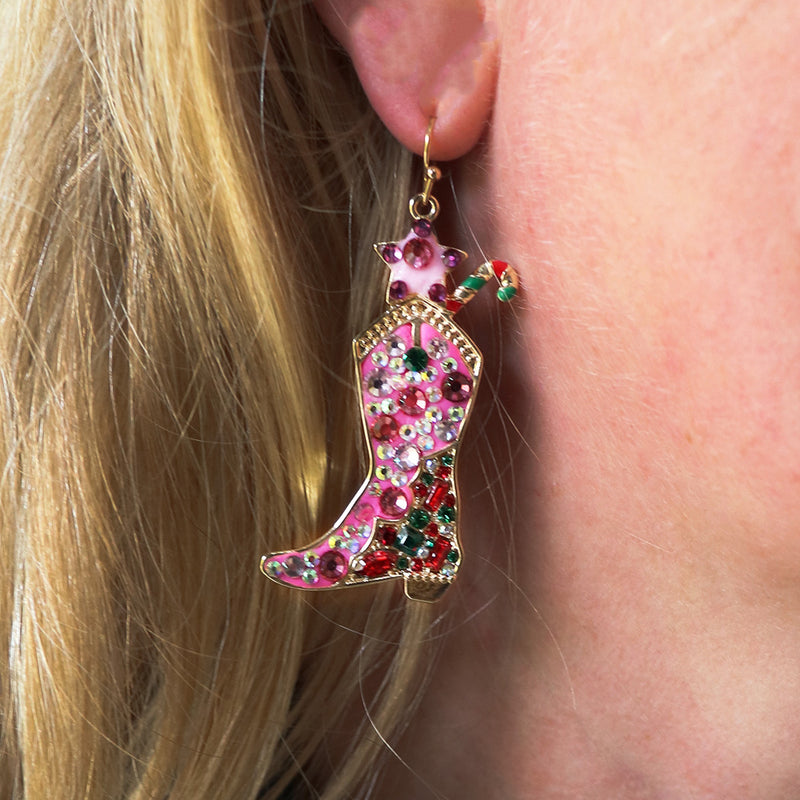 Pink Enamel With Sparkling Crystal Rhinestones Christmas Holiday Themed Gold Tone Dangle Earrings (Western Cowgirl Boot, 2.25")